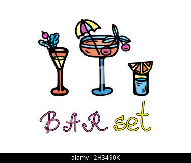 Set of color vector illustrations of glasses of cocktails with umbrella, berries and cherry, orange. Lettering Bar Set.  Stock Vector