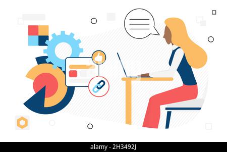 finance big data analytics, monitoring systems in business. Woman office worker creating economic analytics , flat vector image isolated Stock Vector
