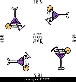 Seamless pattern of a glass with a cocktail, bubbles and a slice of lemon, a straw with lettering. Cocktail party bar. Icon. Stock Vector