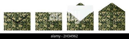 Vector set of a military envelope with army camo pattern print, isolated on white background. Stock Vector