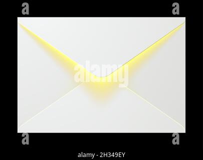Open white envelope with yellow light glowing from inside, isolated on black background. Magical message concept vector illustration. Stock Vector