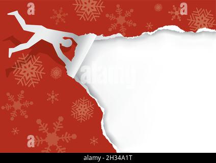 Flying man,tearing paper, funny torn paper Christmas banner template. Paper male silhouette ripping red christmas paper background. Unwrapping gift. Stock Vector