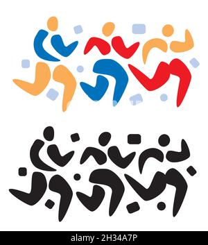 Running race, jogging. Stylized symbol of three runners. Black and coloruful version.Isolated on white background. Vector available. Stock Vector