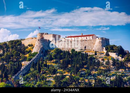 The Fortica fortress (Spanish Fort or Spanjola Fortres) on the Hvar island in Croatia. Ancient fortress on Hvar island over town (citadel), popular to Stock Photo