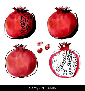 Set of illustrations of pomegranate fruits in watercolor and line art in black and red colors isolated on white background. Stock Photo