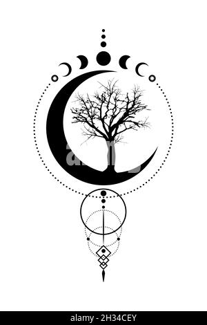 Mystical Moon Phases, tree of life, Sacred geometry. Triple moon, half moon pagan Wiccan goddess symbol, silhouette wicca banner sign, energy circle, Stock Vector