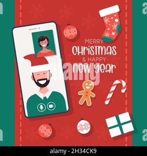 Online Christmas celebration concept. People video calling and sharing Christmas gifts online, coronavirus prevention and safe Christmas celebration o Stock Vector