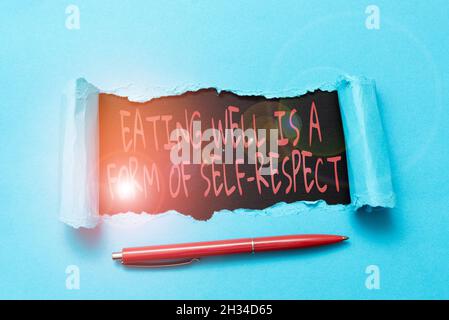 Handwriting text Eating Well Is A Form Of Self Respect. Business showcase a quote of promoting healthy lifestyle Tear on sheet reveals background with Stock Photo