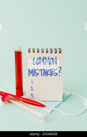 Text showing inspiration Common Mistakes Question. Word for repeat act or judgement misguided making something wrong Writing Important Medical Notes Stock Photo