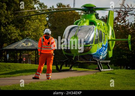 Great Western Air Ambulance Eurocopter EC135, callsign 'Helimed 65', in Bristol's Castle Park having attended a nearby incident. Stock Photo