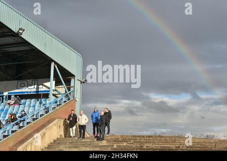 Featherstone, England - 24 October 2021 -  Fans watch match under Rainbow during the Rugby League  International  Jamaica vs Scotland at Millenium Stadium, Featherstone, UK  Dean Williams Stock Photo