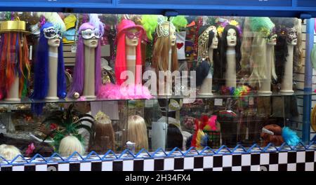 A window display for a wig shop ahead of Carnival, Sao Paulo, Brazil Stock Photo
