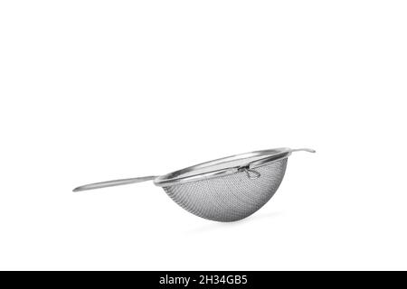 Fine mesh stainless steel strainer on a white background Stock Photo