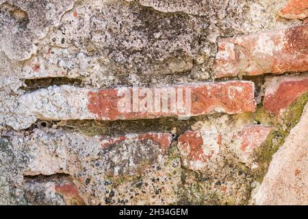 An old cement and bricks wall in a close up view Stock Photo