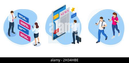 Isometric business news concept. Business news website on digital tablet, everyday searching for job and business opportunities. Stock Vector