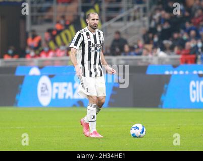 MILAN ITALY- October 24 Stadio G Meazza  Giorgio Chiellini in action during the Serie A match between Fc Inter and Fc Juventus   at Stadio G. Meazza on October 24, 2021 in Milan, Italy. Stock Photo