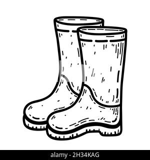 Rubber boots isolated on a white background. Shoes for rainy weather and walking in the forest. Vector hand-drawn illustration in doodle style. Perfect for autumn designs, cards, logo, decorations. Stock Vector