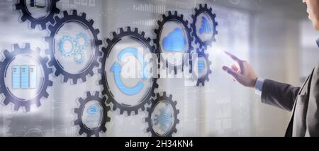 Update on virtual screen. Internet and technology concept. Man presses with his hand on the icon update. Stock Photo