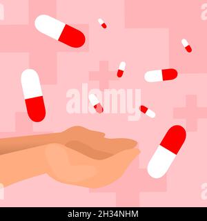 pills falling into the hands on a medical red background Stock Vector