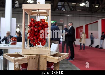 Milan, Italy. Visitors to the fair -TUTTOFOOD- walk among the stands of food producers from all over the world Stock Photo