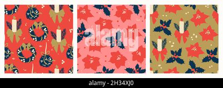 Set of vector background Christmas seamless patterns. Poinsettia, plants and flowers, holly berries, mistletoe with a red bow, a candle with fir Stock Vector