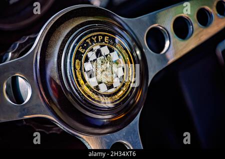 A 1971 Jaguar E-Type FHC steering wheel is pictured at the 31st annual British Car Festival, Oct. 24, 2021, in Fairhope, Alabama. Stock Photo