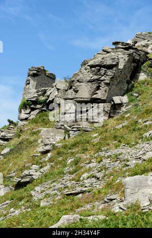 Shattered Devonian Limestone Rock outcrop of Castle Rock, Valley Of The Rocks, Exmoor, Devon, UK Stock Photo