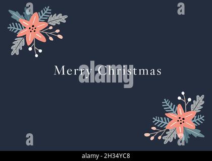 Christmas greeting card, invitation. Floral corners of red poinsettia flowers, berries and fir tree branches. Merry Christmas text. Winter vector Stock Vector