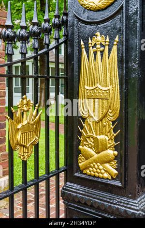 Elaborate gold shield on the gate of the Shiloh National Cemetery located at the Shiloh National Military Park in Tennessee. Stock Photo