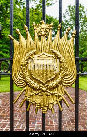 Elaborate gold shield on the gate of the Shiloh National Cemetery located at the Shiloh National Military Park in Tennessee. Stock Photo