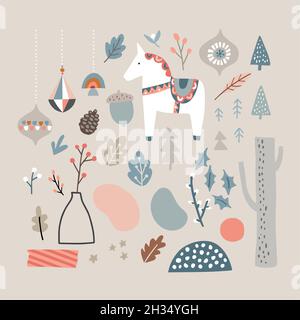 Set of Christmas Scandinavian animals and natural elements. Dala horse, Christmas ornaments, flowers and berries. Abstract organic shapes. Nordic Stock Vector