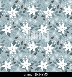 Beautiful Christmas seamless pattern with poinsettia flowers. White berries, acorns and fir tree branches on blue background. Winter floral design for Stock Vector