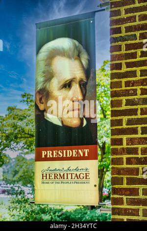 Andrew Jackson as President Banner hanging outside The Visitor Center at The Hermitage in Nashville, Tennessee. Stock Photo