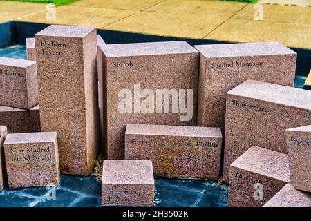 Granite blocks representing battles in the courtyard of the Corinth Civil War Interpretive Center, part of Shiloh National Military Park in Mississipp Stock Photo