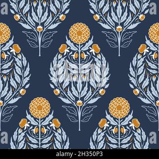 Stylized dahlias floral damask in cozy colors. Soft orange flowers motif, blue-gray leaves on navy background. Cozy classic comforting earthy tones. Stock Vector