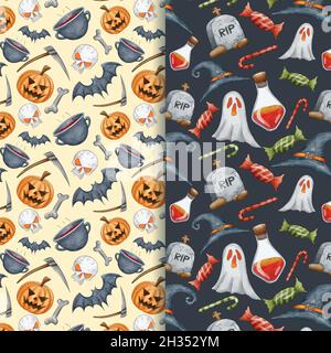 watercolour halloween ghosts pumpkins seamless patterns vector design illustration Stock Vector