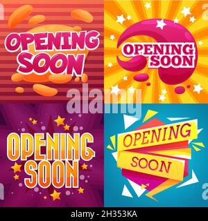Opening soon cartoon banners and shop store signs with vector stars. Grand opening or soon open banners with cartoon bubbles and shining sparkles, sho Stock Vector
