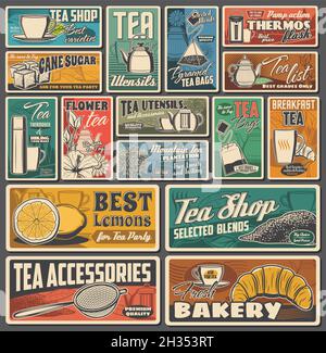 Tea cup, teapot and leaf retro banners with vector black, green, herbal and flower hot beverages. Cups, mugs, tea bags and pyramids, teapots, kettles Stock Vector