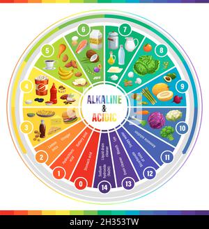 Round PH scale indicators chart, acids balance measure meter, vector chemistry science. PH alkaline and acidic indicators scale, chemical solution bas Stock Vector