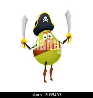 Pear or green tropical guava fruit pirate or buccaneer isolated funny cartoon characters. Vector playful corsair with two swords, in eye patch and hat Stock Vector
