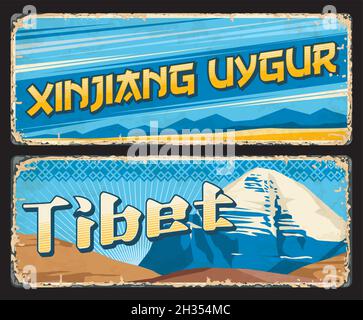 Tibet, Xinjiang Uygur chinese regions plates. China territories and autonomous regions tin signs, grunge vector plates or vintage travel stickers with Stock Vector