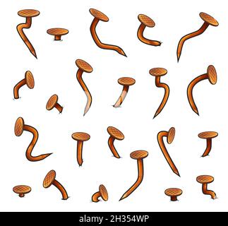 Rusty metal bent nails and heads, isolated vintage iron nails with contours. Cartoon sharp ferruginous hardware spikes, curved hammered hobnails vecto Stock Vector