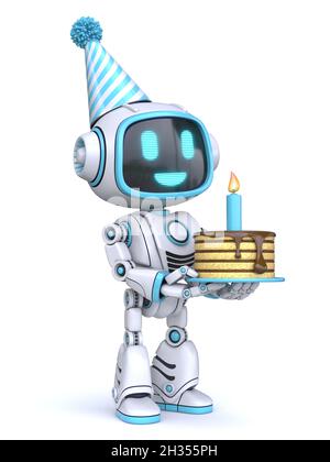 Cute blue robot hold birthday cake 3D rendering illustration isolated on white background Stock Photo