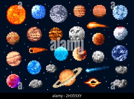 Pixel space planets and stars, asteroids and comets. Universe galaxy satellite and meteorite retro 8bit game icons. Vector retro astronomy objects in Stock Vector