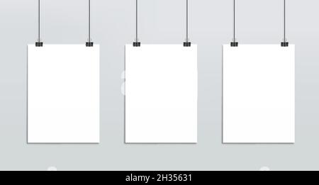 Hanging white paper posters mockup, realistic white sheets of paper on strings, photo gallery. Vector 3d blank mock up. isolated empty vertical boards Stock Vector