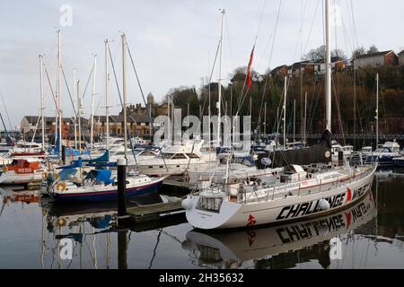 Challenge Wales, a 72-ft round-the-world yacht and the largest sail training vessel in Wales. Moored in Penarth Marina Stock Photo