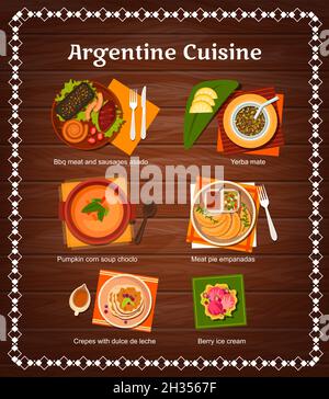 Argentine cuisine restaurant menu with vector dishes of meat and vegetables. Barbecue chorizo sausages, pork pies empanadas and chimichurri sauce, cor Stock Vector