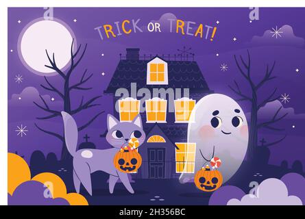 hand drawn happy halloween background with ghost cat Stock Vector