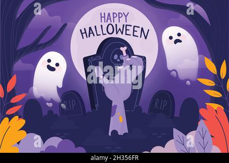 hand drawn happy halloween background with ghosts Stock Vector