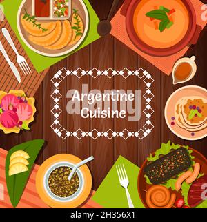 Argentine restaurant menu cover with vector Argentinian cuisine food. Barbecue meat asado with chorizo sausages and pork, empanada pies, yerba mate an Stock Vector